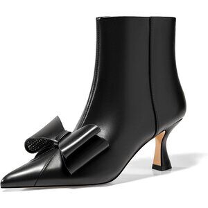 ✨Women's Black Low Kitten Heel Ankle Boots Bow Pointed Toe Side Zipper Shoes